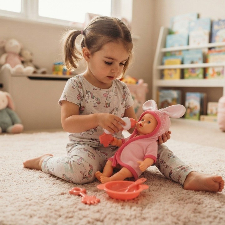 Muñeca Bebé Con Bata De Animales Tetero Y Vajilla