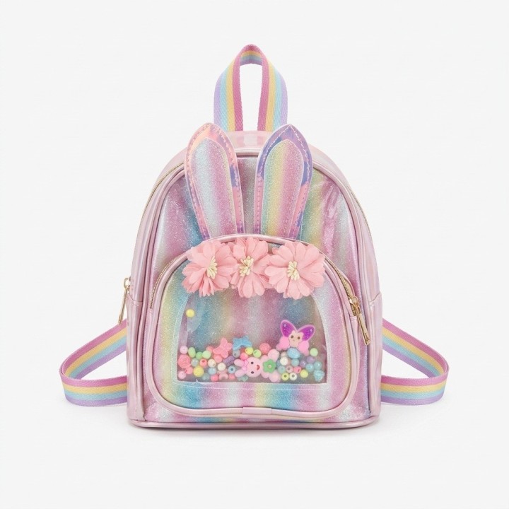 Morral Niña Holográfico Conejito Flores Y Brillos
