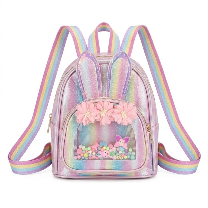 Morral Niña Holográfico Conejito Flores Y Brillos