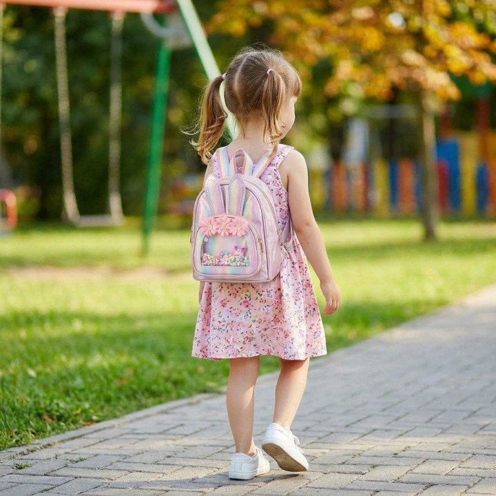 Morral Niña Holográfico Conejito Flores Y Brillos