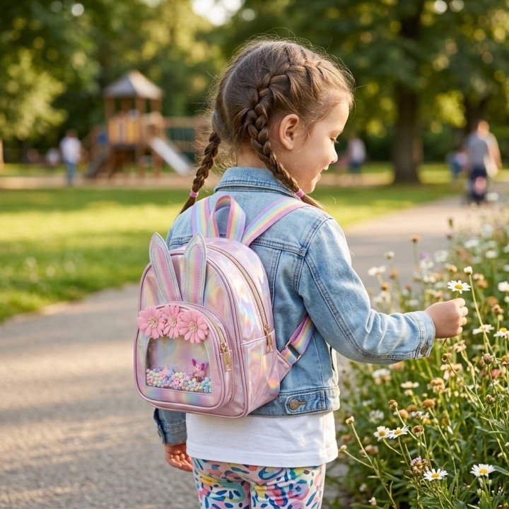 Morral Niña Holográfico Conejito Flores Y Brillos