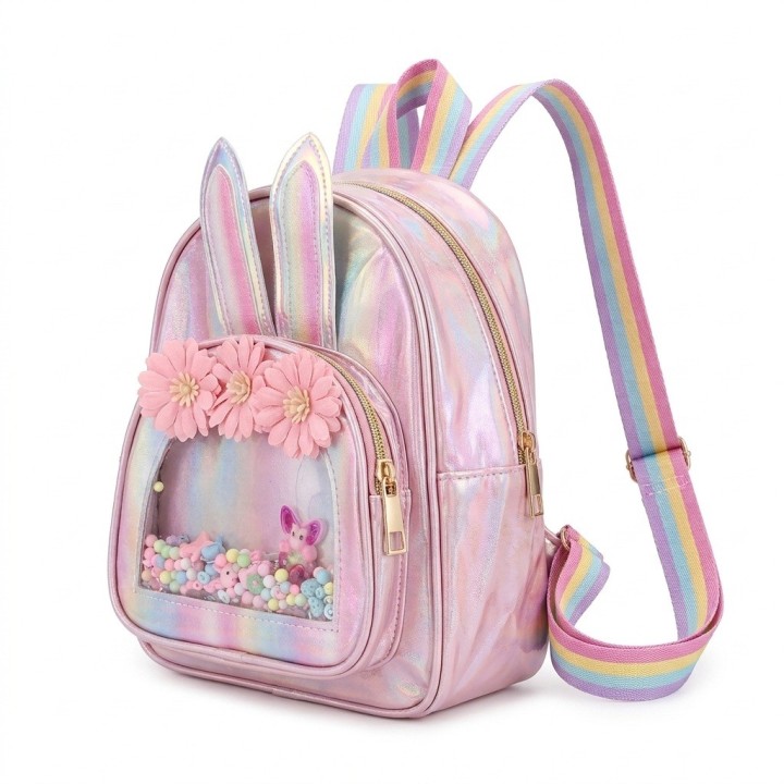 Morral Niña Holográfico Conejito Flores Y Brillos