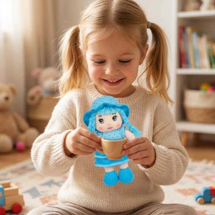 Tierna Muñeca De Trapo Peluche Niña Sombrero Trenzas