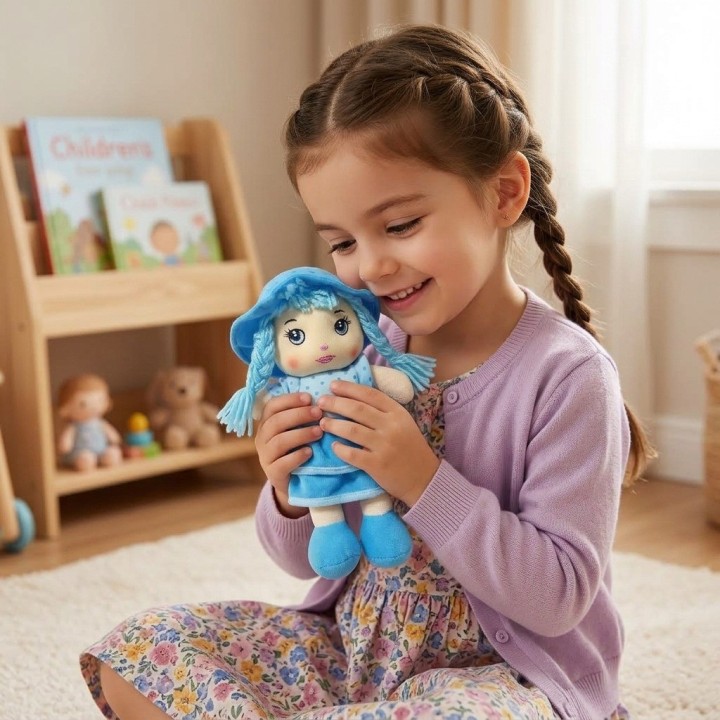 Tierna Muñeca De Trapo Peluche Niña Sombrero Trenzas