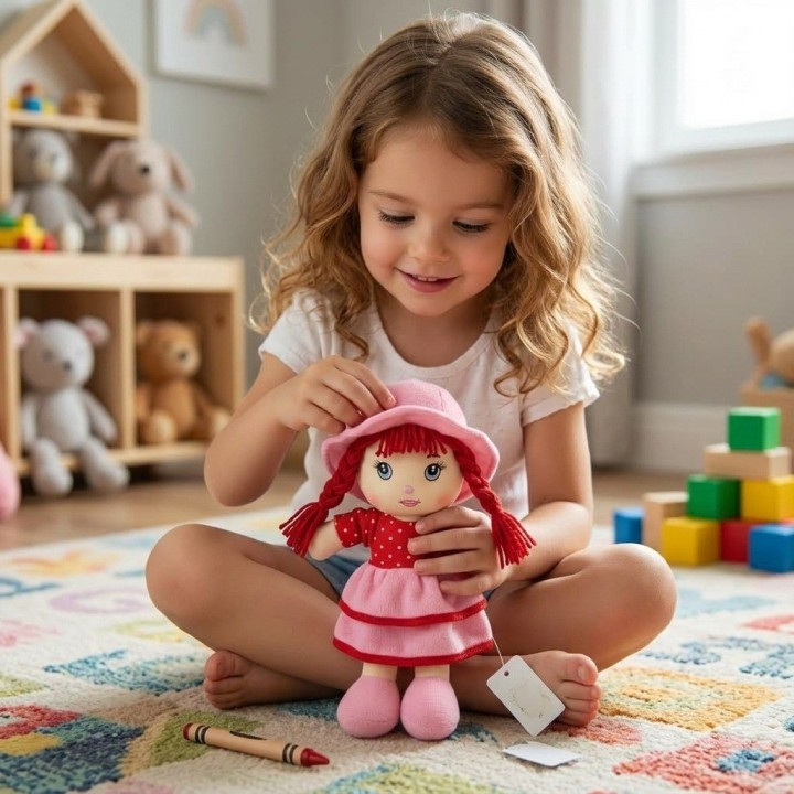 Tierna Muñeca De Trapo Peluche Niña Sombrero Trenzas