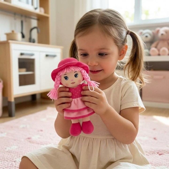 Tierna Muñeca De Trapo Peluche Niña Sombrero Trenzas