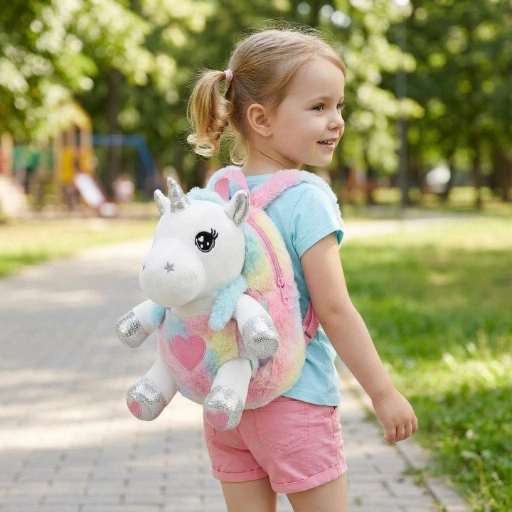 Morral Peluche Unicornio 3d Niña Detalles Plateados