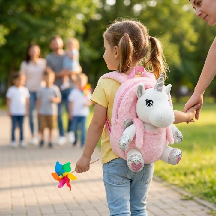 Morral Peluche Unicornio 3d Niña Detalles Plateados