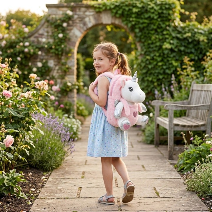 Morral Peluche Unicornio 3d Niña Detalles Plateados