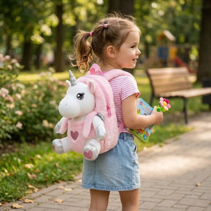 Morral Peluche Unicornio 3d Niña Detalles Plateados