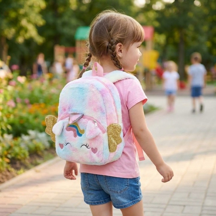 Mochila Peluche Unicornio Niña Con Alas Doradas