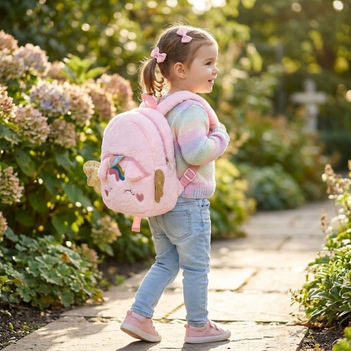 Mochila Peluche Unicornio Niña Con Alas Doradas