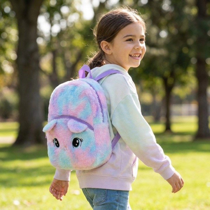 Morral Mochila Peluche Gatito Arcoíris Niña
