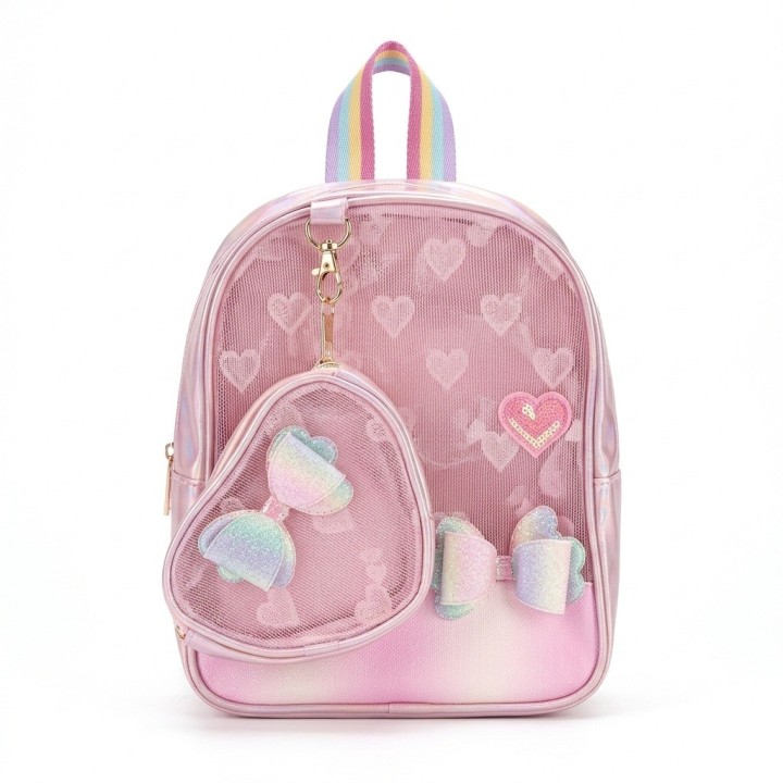 Morral Mochila Tornasol Para Niña Con Monedero Corazón