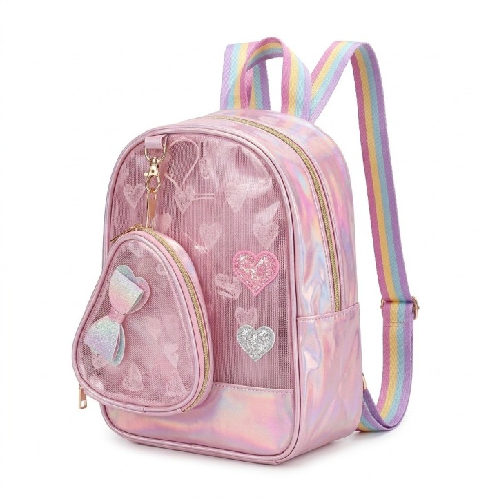 Morral Mochila Tornasol Para Niña Con Monedero Corazón