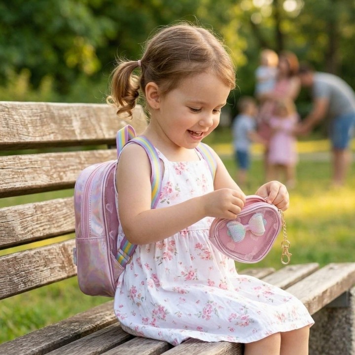 Morral Mochila Tornasol Para Niña Con Monedero Corazón