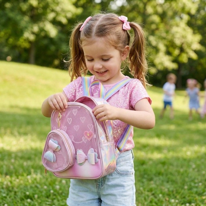 Morral Mochila Tornasol Para Niña Con Monedero Corazón
