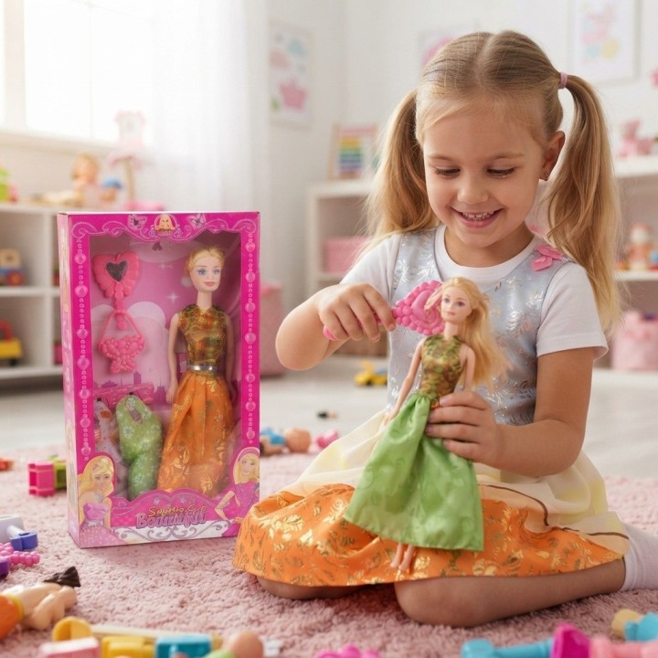 Set Muñeca Con 2 Vestidos Extra Y Accesorios Niña