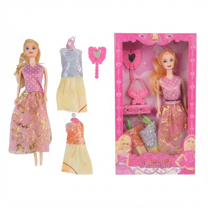Set Muñeca Con 2 Vestidos Extra Y Accesorios Niña