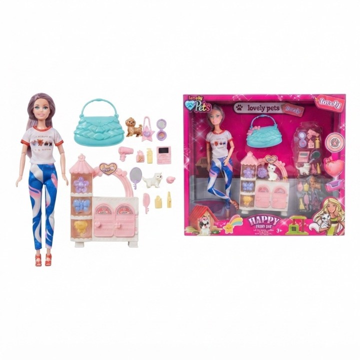 Set Muñeca Lovely Pets Con Mascotas Y Accesorios