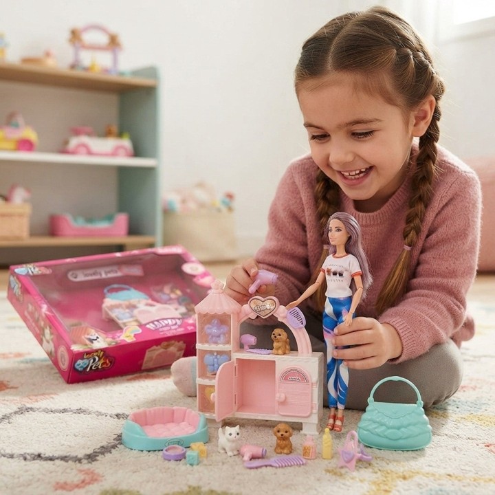 Set Muñeca Lovely Pets Con Mascotas Y Accesorios