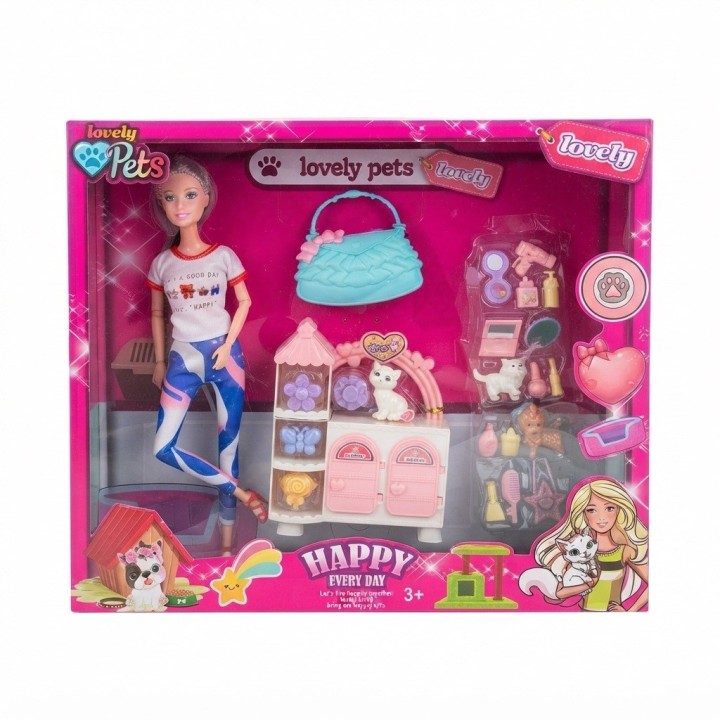 Set Muñeca Lovely Pets Con Mascotas Y Accesorios