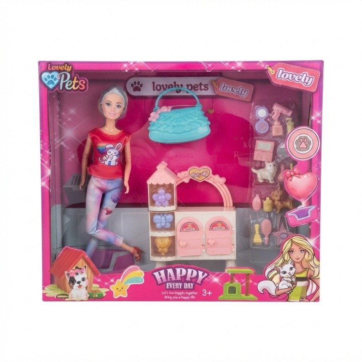 Set Muñeca Lovely Pets Con Mascotas Y Accesorios