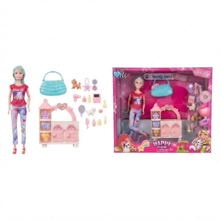 Set Muñeca Lovely Pets Con Mascotas Y Accesorios