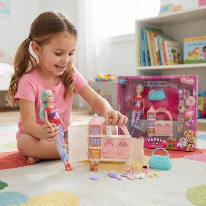 Set Muñeca Lovely Pets Con Mascotas Y Accesorios