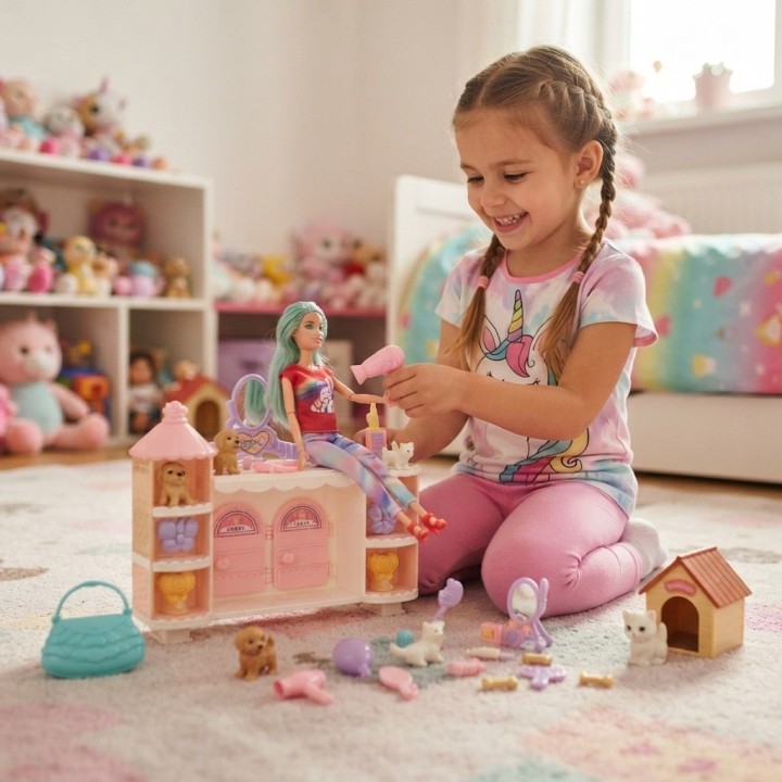Set Muñeca Lovely Pets Con Mascotas Y Accesorios