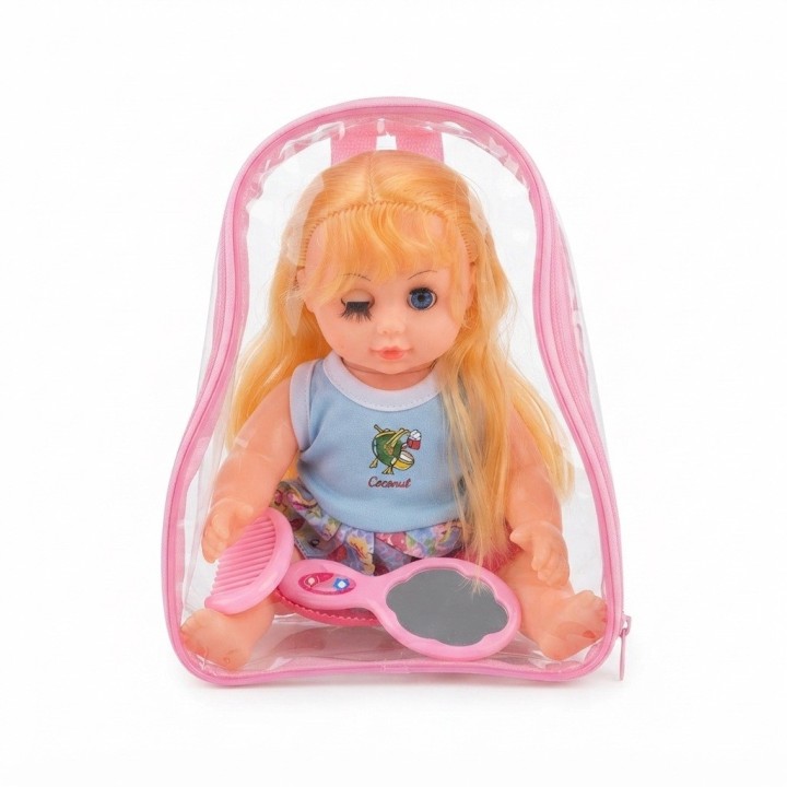 Muñeca Niña Con Morral Transparente Peinilla Y Espejo