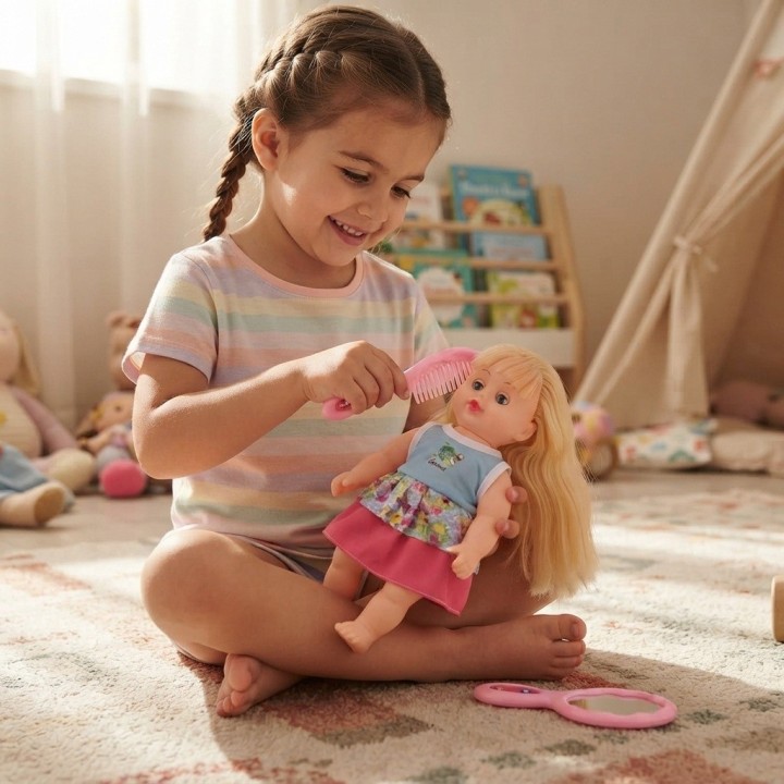 Muñeca Niña Con Morral Transparente Peinilla Y Espejo