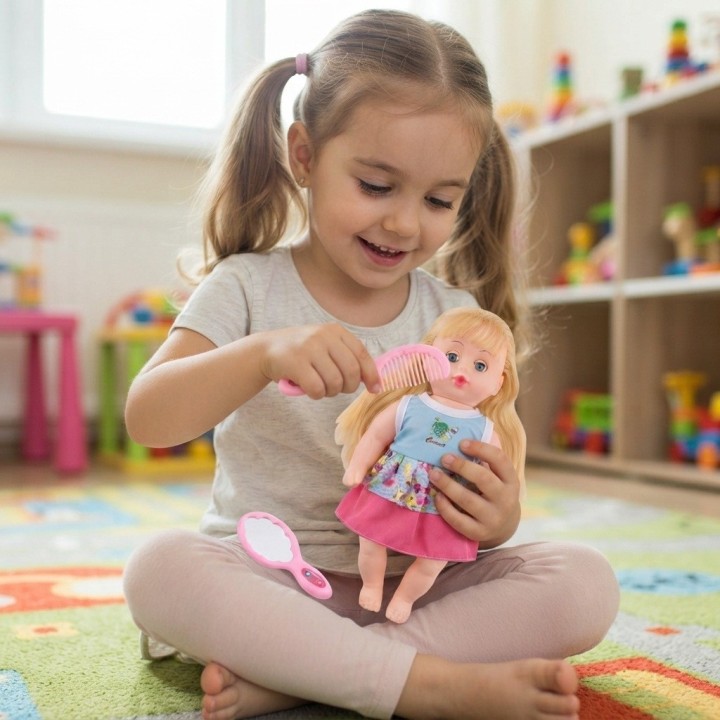 Muñeca Niña Con Morral Transparente Peinilla Y Espejo