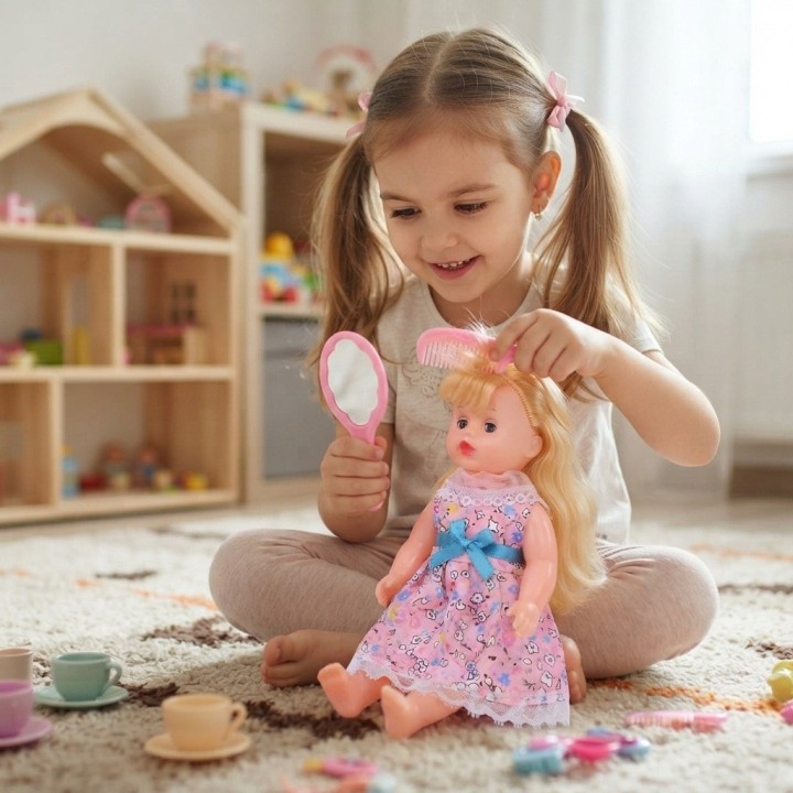 Muñeca Niña Con Morral Transparente Peinilla Y Espejo