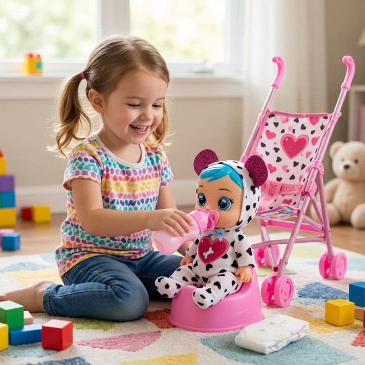 Muñeca Bebé Con Coche Bacinilla Tetero Y Accesorios