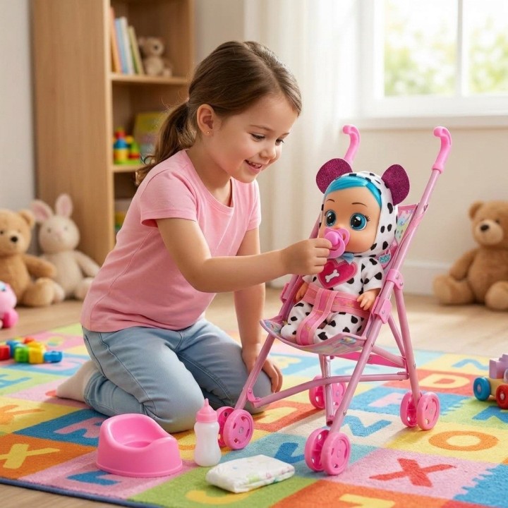 Muñeca Bebé Con Coche Bacinilla Tetero Y Accesorios