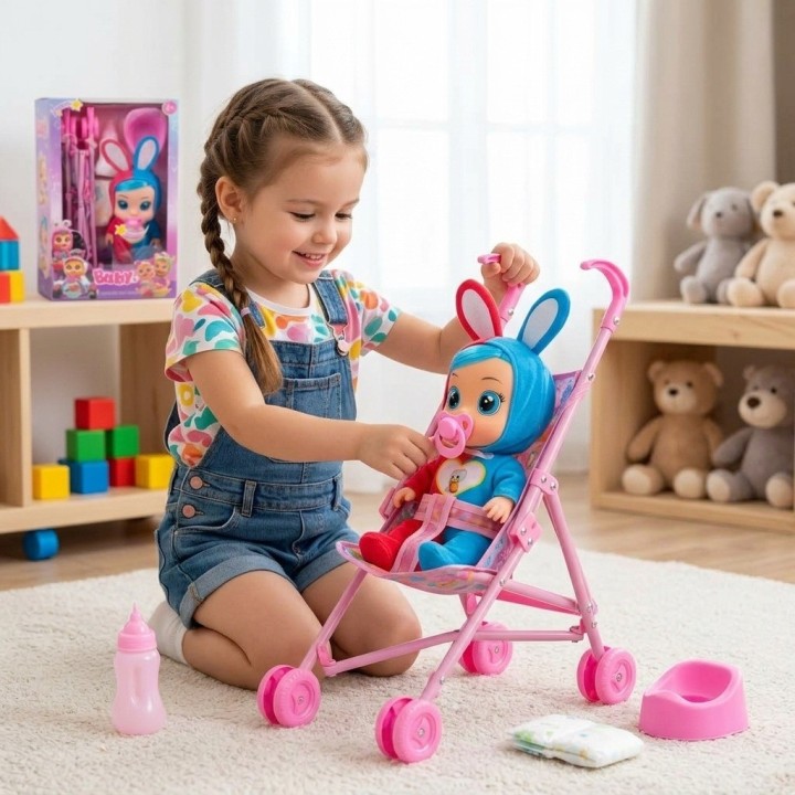 Muñeca Bebé Con Coche Bacinilla Tetero Y Accesorios
