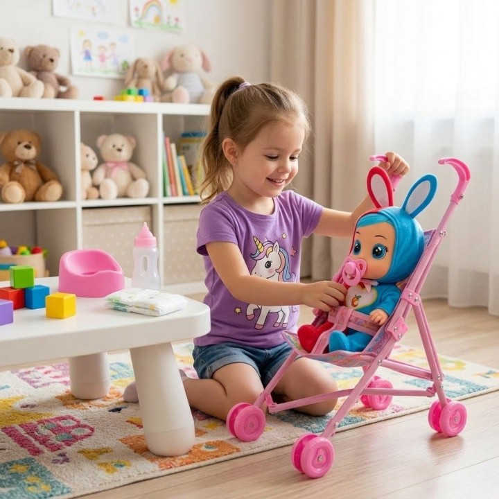 Muñeca Bebé Con Coche Bacinilla Tetero Y Accesorios