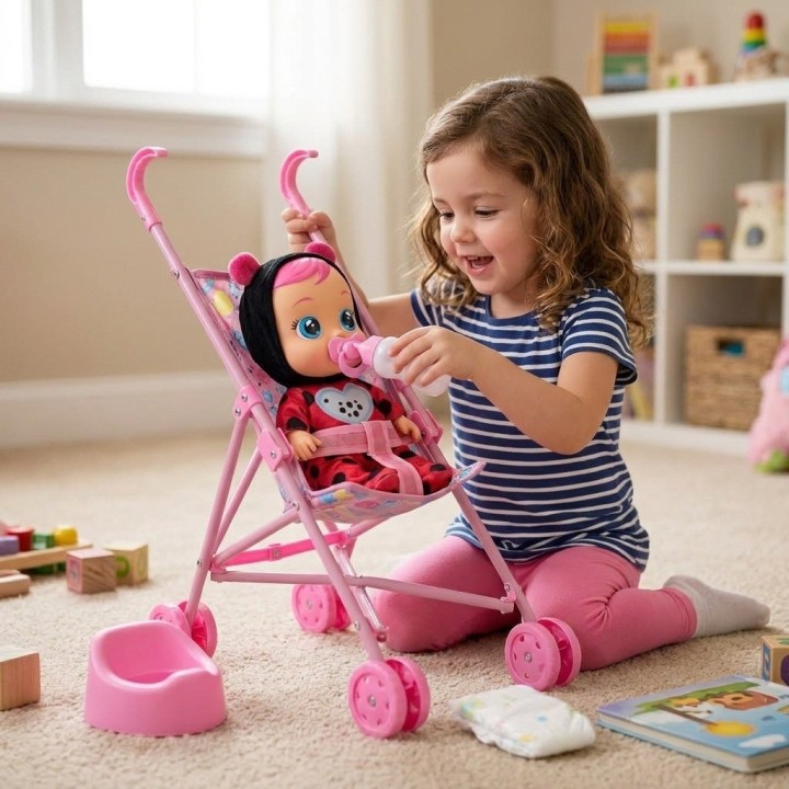 Muñeca Bebé Con Coche Bacinilla Tetero Y Accesorios