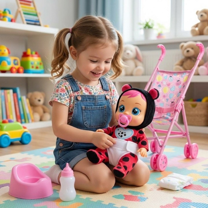 Muñeca Bebé Con Coche Bacinilla Tetero Y Accesorios
