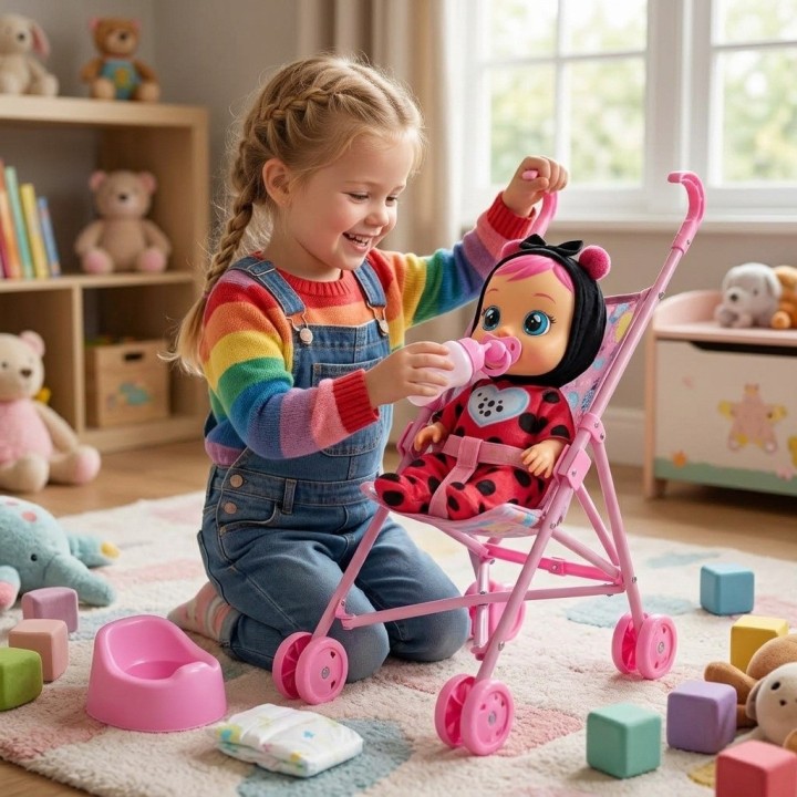 Muñeca Bebé Con Coche Bacinilla Tetero Y Accesorios