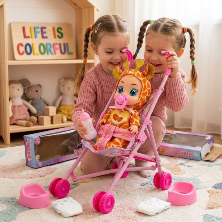 Muñeca Bebé Con Coche Bacinilla Tetero Y Accesorios