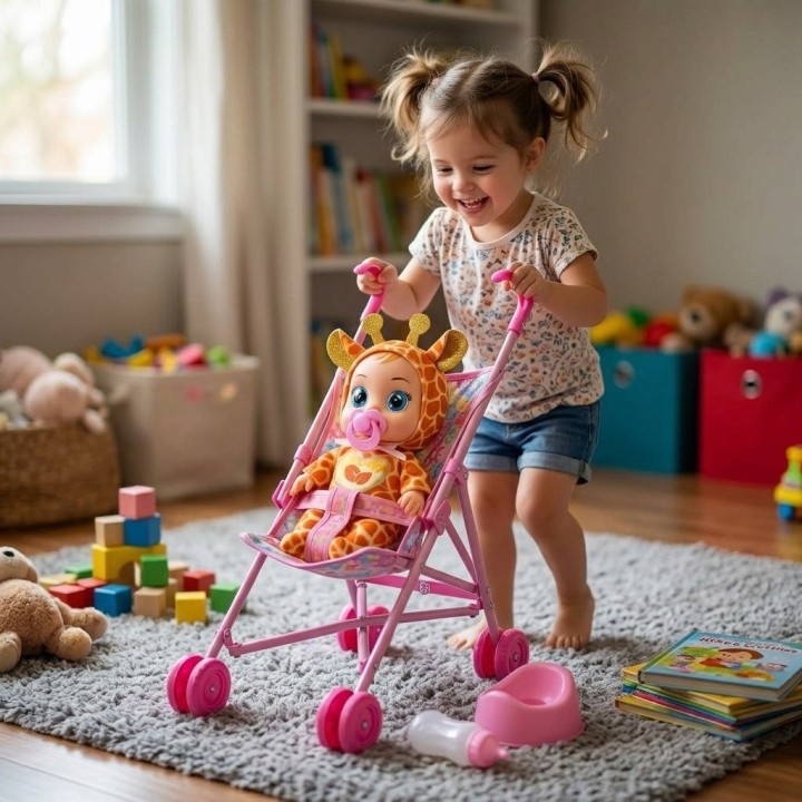 Muñeca Bebé Con Coche Bacinilla Tetero Y Accesorios