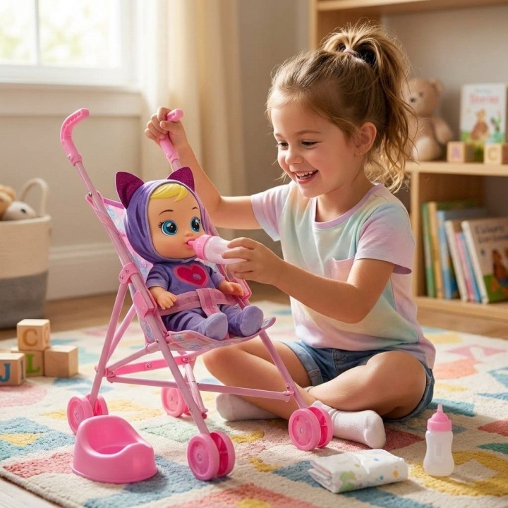 Muñeca Bebé Con Coche Bacinilla Tetero Y Accesorios