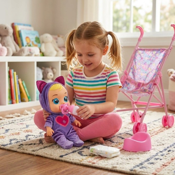 Muñeca Bebé Con Coche Bacinilla Tetero Y Accesorios