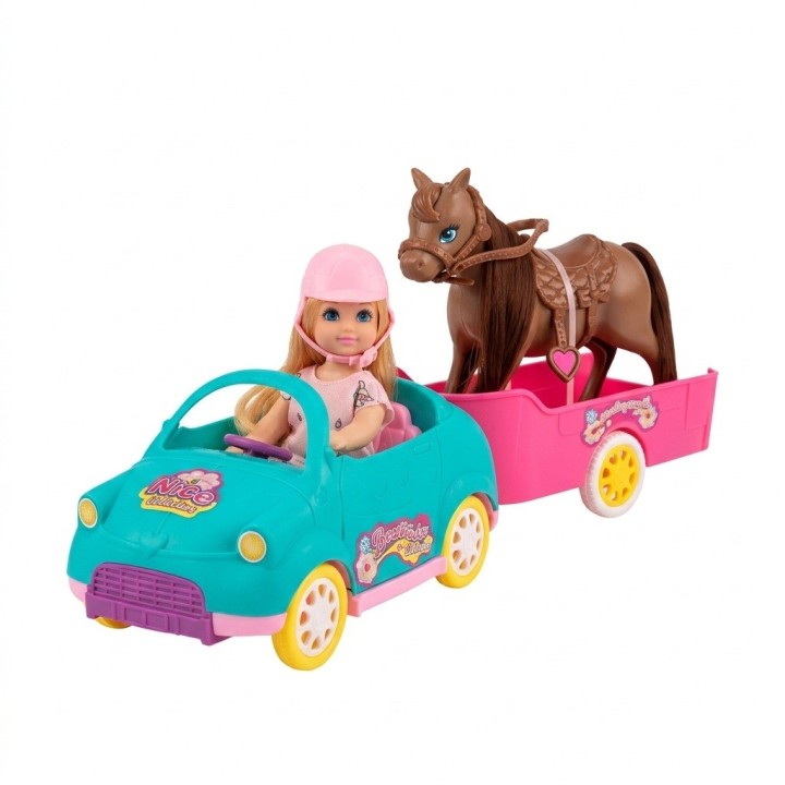 Muñeca Con Auto Descapotable Remolque Y Caballo De Juguete