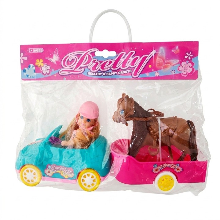 Muñeca Con Auto Descapotable Remolque Y Caballo De Juguete