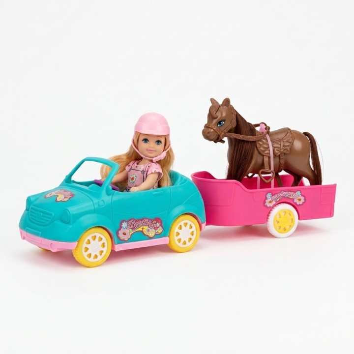 Muñeca Con Auto Descapotable Remolque Y Caballo De Juguete