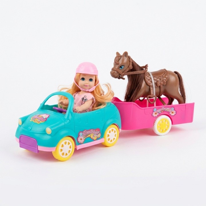 Muñeca Con Auto Descapotable Remolque Y Caballo De Juguete