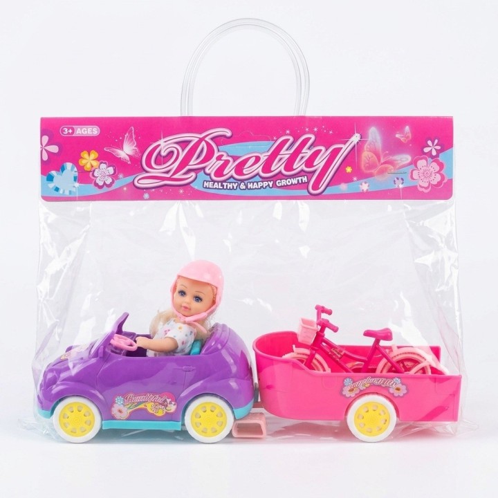 Set Muñeca Carro Morado Con Remolque Y Bicicleta
